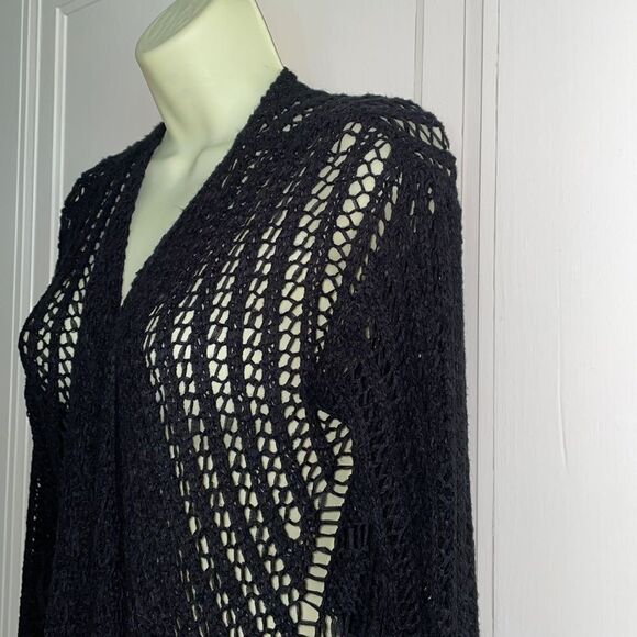 Entro black open weave buttonless cardigan sweater with  fringe - Picture 4 of 9